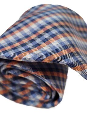 IZOD Mens Tie 100% Silk Blue White Orange Plaid Check Necktie